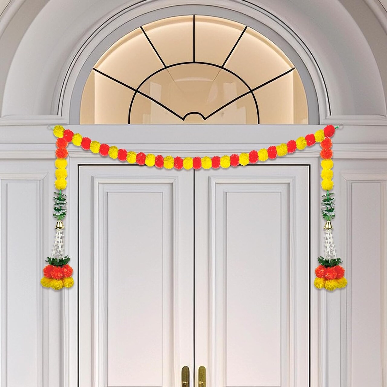 Artificial Marigold Garland with Bells Leaves Long Strands Diwali Decorations for Home Party Door Mantel Artificial Marigold Flowers Hanging for All Year Party Decoration (deep Orange)